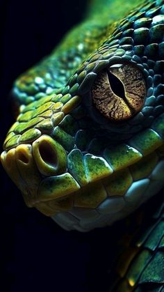 a close up view of the eye of a green snake's head and neck