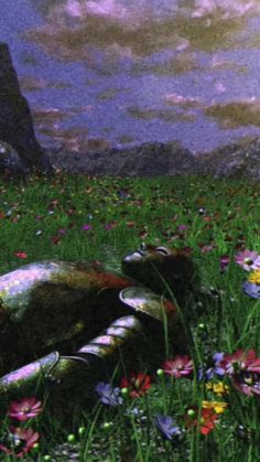 a painting of a dead animal laying on the ground in a field of wildflowers