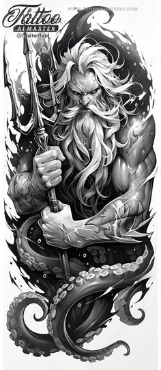 Greek God Poseidon Art, Greek Gods Tattoo, Poseidon Drawing, Poseidon Art, Greek God Tattoo, Egyptian Tattoo Sleeve, Aquarius Tattoo