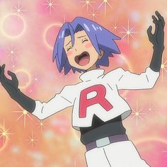 an anime character with purple hair and blue eyes, wearing a white shirt that has the letter r on it