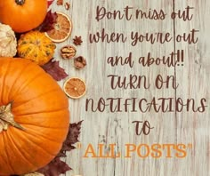 some pumpkins and leaves on a wooden table with a quote about not miss but when you're out and about turn on notifications to all posts