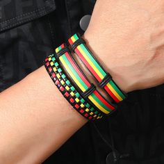 Material: Artificial Leather Color: 6-Piece Black Card Package Style: Personality Bracelet Couple, Braided Leather Bracelet, Black Card, Leather Bracelets, Woven Bracelets, Street Dance, Leather Weaving, Flag Colors, Colored Leather