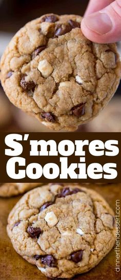 there are two cookies with chocolate chips on top and the words s'mores cookies above them