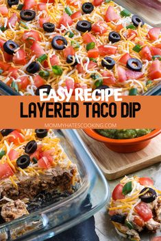 an easy recipe layered taco dip in a casserole dish