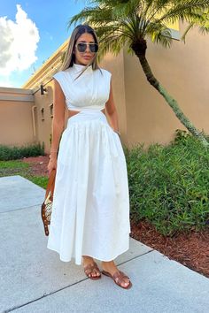 Tina Dress – Santella Argentina Outfit, Summer Resort Outfits, Maxi Dress Outfit Summer, Dress With Flats, White Dress Outfit, Vacation Outfits Women, Summer Board, High Neck Maxi Dress, Capsule Closet