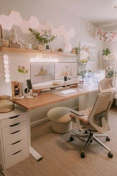 a home office with desk, chair and shelves filled with various plants on the wall