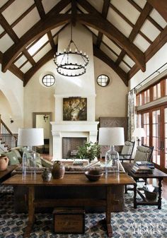 a living room filled with furniture and a fire place in the middle of a room