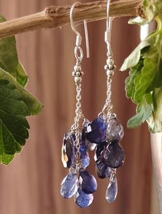 Iolite briolette almond gemstone beaded silver cluster earring, earring gift for her, water sapphire faceted almond beads cluster earrings, iolite briolette beads silver cluster drop earrings, iolite silver wire wrapped dangle earrings, boho earring, party wear earrings, gift for daughter, iolite gemstone beaded sterling silver earrings hand made with love and passion. Item: iolite sterling silver cluster drop earring pair Gemstone: iolite  Metal: sterling silver Metal purity: 92.5% Length: 6.5 Cluster Earrings Tutorial, Earring Party, Cluster Jewelry, Cluster Earring, Boho Earring, Dangle Earrings Boho, Earring Ideas, Birthstone Earrings, Earring Gift