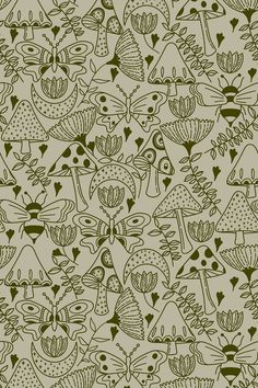 a green and brown pattern with birds, flowers, and hearts on the bottom half of it