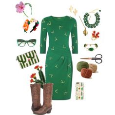 a green dress and boots are arranged on a white background, including accessories such as flowers