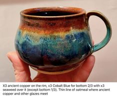 a hand holding a colorful cup in it's right hand with the caption x3 ancient copper on the rim, 23 cobalt blue bottom