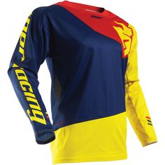 a blue and yellow jersey with the word motocross on it's chest