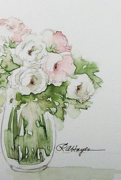 a painting of flowers in a vase with watercolor and pencils on the paper