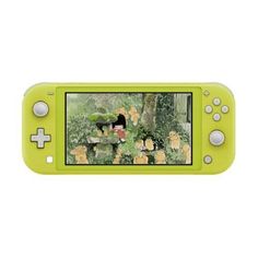 a green nintendo wii game controller with pictures on it