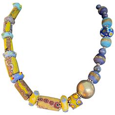 Lorraine’s Bijoux offers a beaded necklace of Early 20th century handmade Venetian glass tubular beads. Each of these handmade and hand cut beads is unique unto itself. Contemporary handmade glass rondelles are spacers and carry out the yummy color scheme of blues and yellows. A large vintage Mexican Sterling bead adds a flash of bling amidst the lapis lazuli and African glass beads. Great Summer accessory for anywhere from the city to the beach. Venetian Glass, Trade Beads, Vintage Mexican, Summer Accessories, Early 20th Century, Bead Necklace, Lorraine, Vintage Stil, Lapis Lazuli