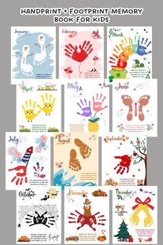 Capture the fleeting moments of childhood with this delightful memory book of handprint & footprint art for kids! This unique and heartwarming keepsake can be used for babies, toddlers, preschool and kindergarten kids, celebrating their journey of growth — one for each cherished month of the year! Just download, print, apply non-toxic washable paint to the child's hand/foot, and start creating memories! Handprint Memory Book, Footprint Art Kids, Handprint Calendar, Journey Of Growth, Baby Art Projects, Keepsake Crafts, Footprint Crafts, Baby Handprint, Preschool Activities Toddler