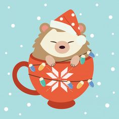 a bear in a santa hat sitting on top of a cup