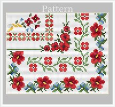 a cross stitch pattern with red flowers and green leaves on the side, in white background