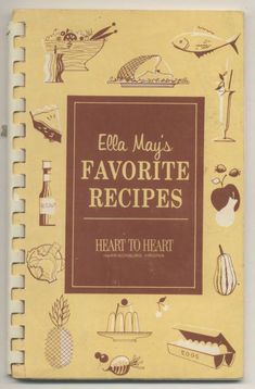 an old cookbook with many different food items on the front and back cover,