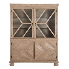 a wooden cabinet with glass doors on the front and side panels, in light wood