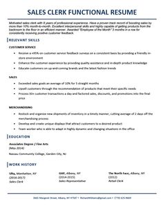 a professional resume for sales clerk in blue and white, with the words sales clerk functional