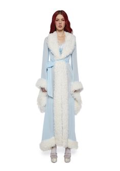 cuz be their dream come true. This robe has a sheer chiffon construction,a faux fur trim, long sleeves, and adjustable tie closures. Fancy Robes, Fuzzy Robe, Sheer Robe, Sugar Thrillz, White Fur, Sheer Chiffon, Lingerie Sleepwear, Fur Collars, Kawaii Fashion