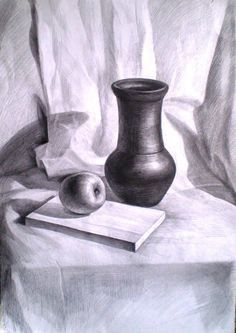 a pencil drawing of an apple and a vase on a table with a cloth behind it