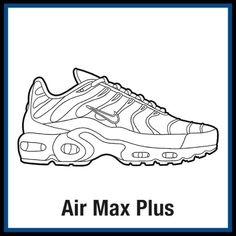 the nike air max plus shoe is shown in black and white with an outline drawing