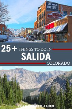 the town of salida with mountains in the background and text overlay that reads 25 things to do in salida