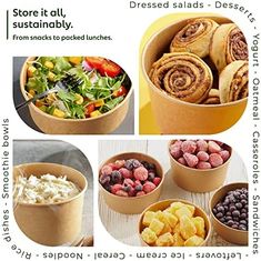 an advertisement for salads and other foods in different bowls on a table with the words, store it all, sustenably from snacks to packed lunches