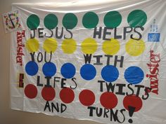 a bulletin board that has been decorated with different colors and words, including the words jesus helps you with life's twists and turns