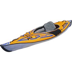 an orange and blue kayak on a white background