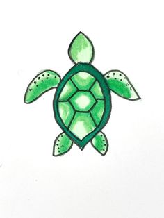 a drawing of a green turtle on white paper