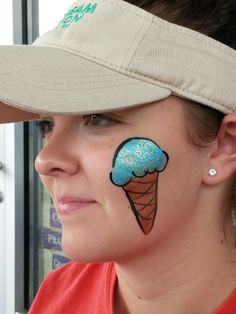 Ice Cream Cone Face Paint, Easy Summer Face Painting, Face Painting Ice Cream, Candyland Face Painting, Simple Cheek Face Paint, Ice Cream Make Up, Easy Split Cake Face Paint