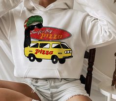 Surfer Boy Pizza Hoodie - Strange Things Pullover - Retro Hoodie - HighCiti Cozy Hoodie With Graphic Print For Loungewear, Cozy Graphic Print Hoodie For Loungewear, Pizza Hoodie, Surfer Boy, Pizza Shirt, Strange Things, Black White Red, Unisex Design, Pastel Pink