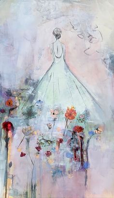 a painting of a woman in a white dress surrounded by flowers