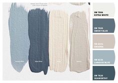 several shades of blue, white, and gray paint swatches with the same color