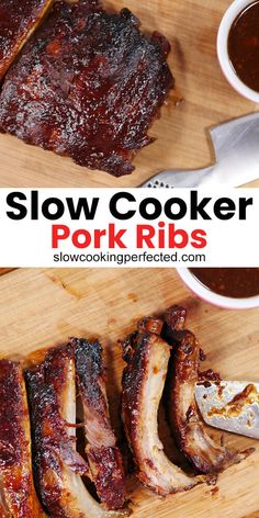 slow cooker pork ribs on a cutting board with bbq sauce