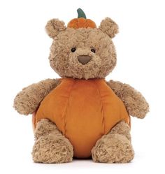 a brown teddy bear with a pumpkin on its chest