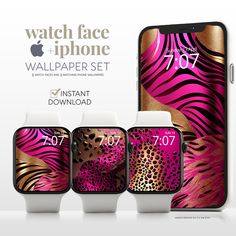 an advertisement for the iphone wallpaper set featuring pink and gold animal print, with matching watch faces