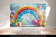 a birthday backdrop with balloons and presents in the background is an image of a rainbow