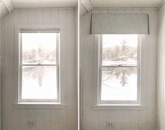 two pictures of the same window in a room with white walls and wood paneling