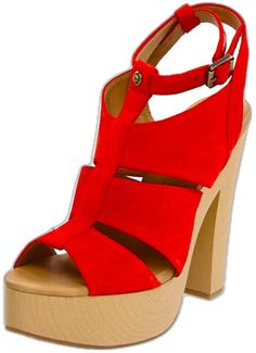 Red Sandals With Heel Strap And Round Toe, Red Sandals With 4-inch Heel And Round Toe, Summer Red Sole Suede Heels, Red High Heel Sandals With Buckle Closure, Summer Suede Heels With Red Sole, Red Closed Toe Platform Sandals, Suede Heels With Red Sole For Summer, Red Closed Toe Sandals With Heel Strap, Red Platform Sandals With Block Heel