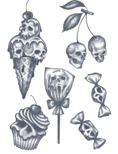 some skulls and cupcakes are drawn in black ink on white paper with leaves