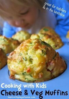 a child looking at some muffins on a plate with the title cooking with kids cheese and veg muffins