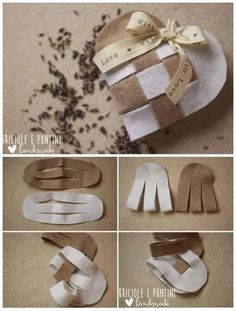 the steps to make a heart shaped gift box with ribbon and ribbons on it, including paper