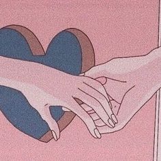 two hands touching each other with a heart in the background on a pink and blue wall