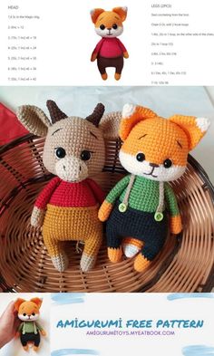 crocheted stuffed animals are sitting on top of a basket with the text, amigurmi free pattern