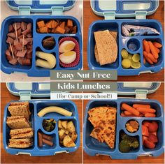 four pictures of different lunch boxes with food in them and the words easy nut free kids lunches