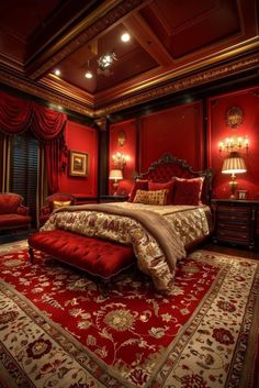 a bedroom with red walls and gold accents